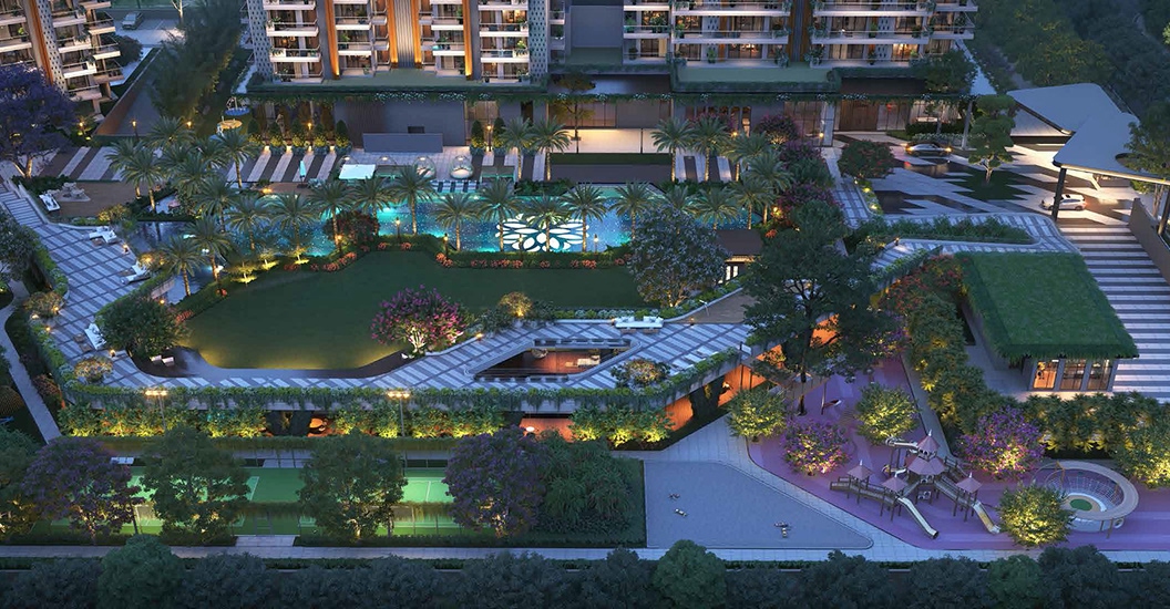 Infinity pool and gardens at night